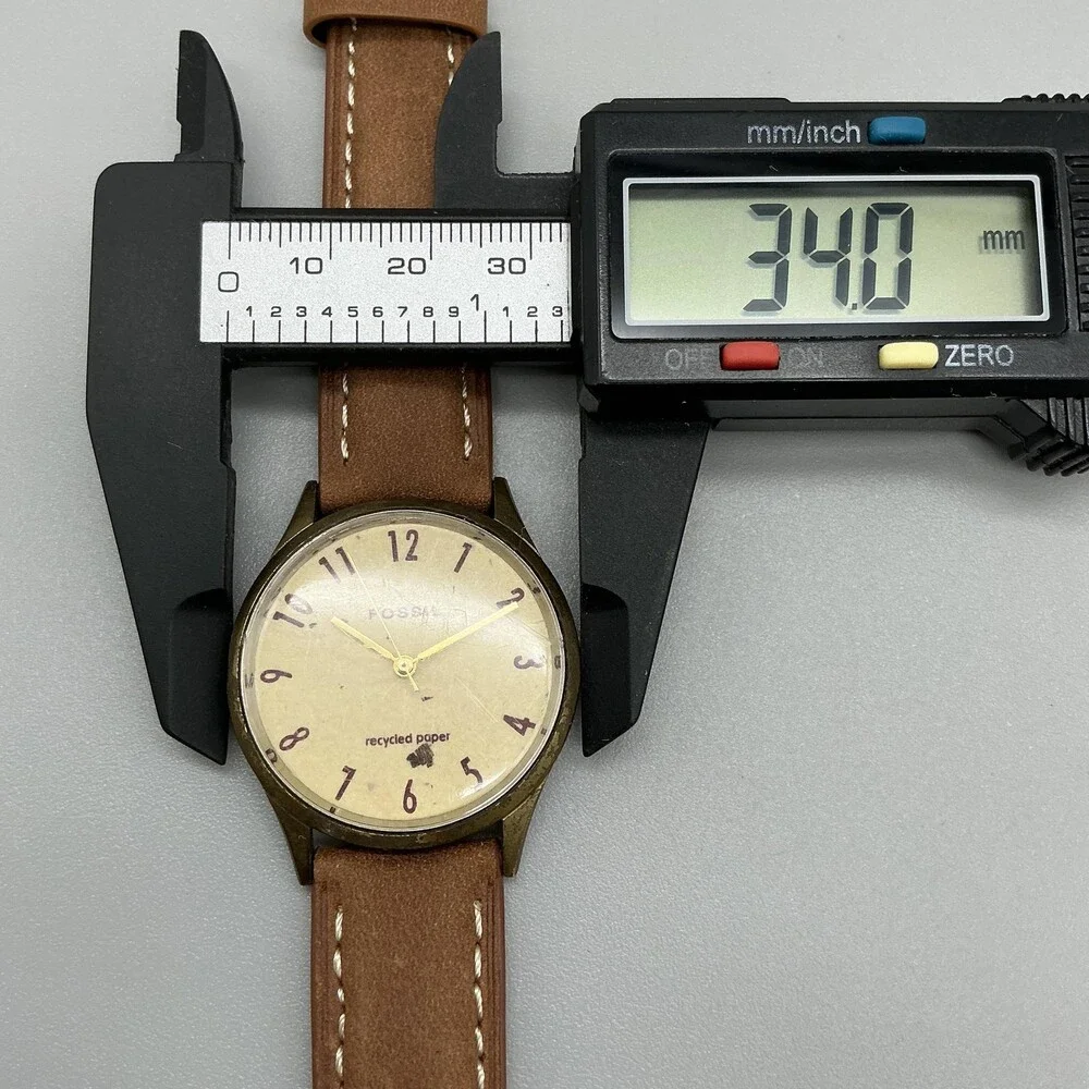 Fossil Unisex Watch 34mm Cream Recycled Paper Dial Brown Leather New Battery